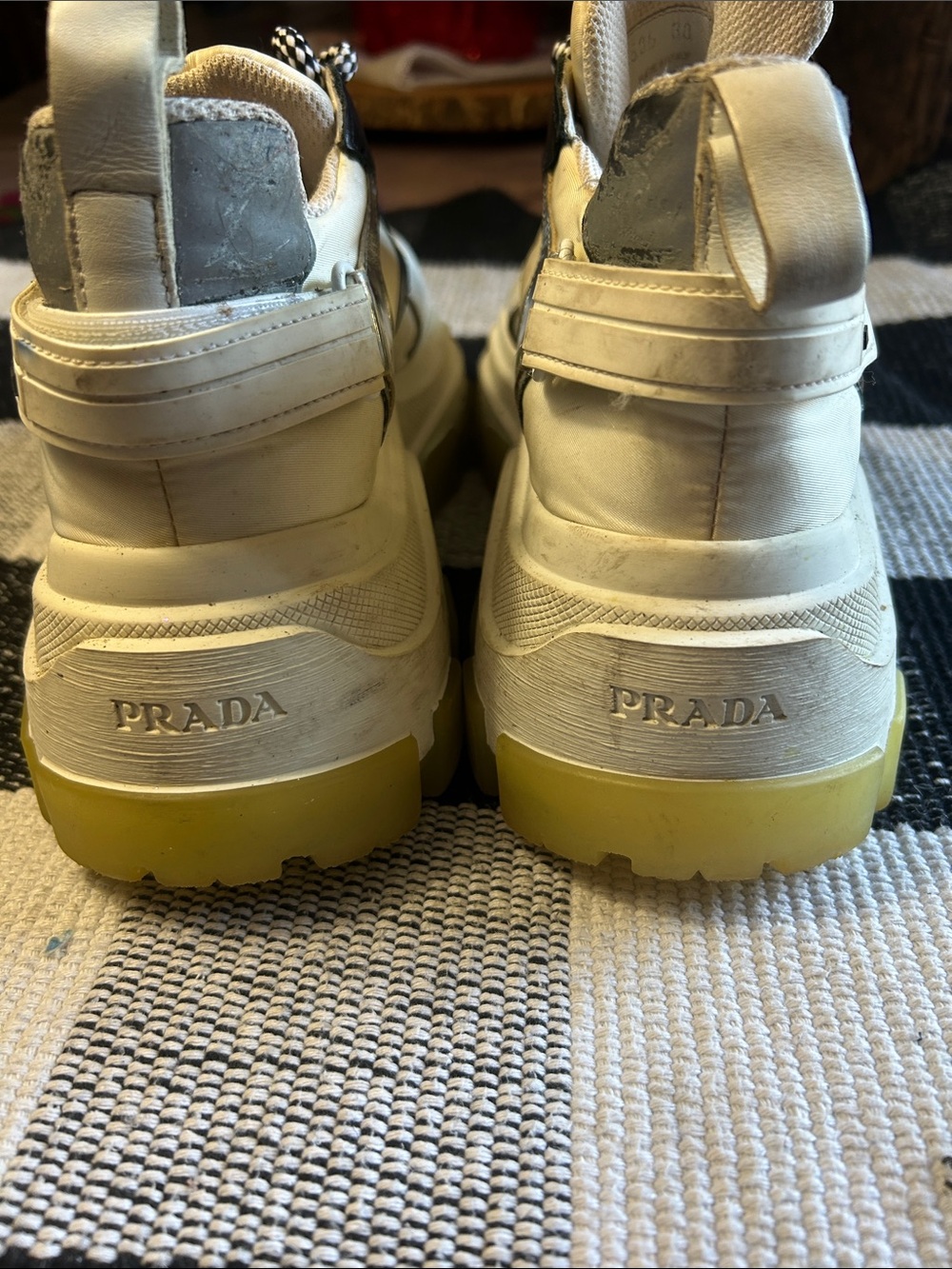Prada Chunky Lace-Up Sneakers in Cream, Black & Gray - Picture 4 of 10